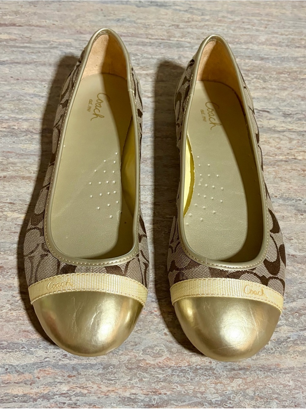 Coach Cecile Brown Signature Canvas Flat Shoes with Gold Cap-Toe